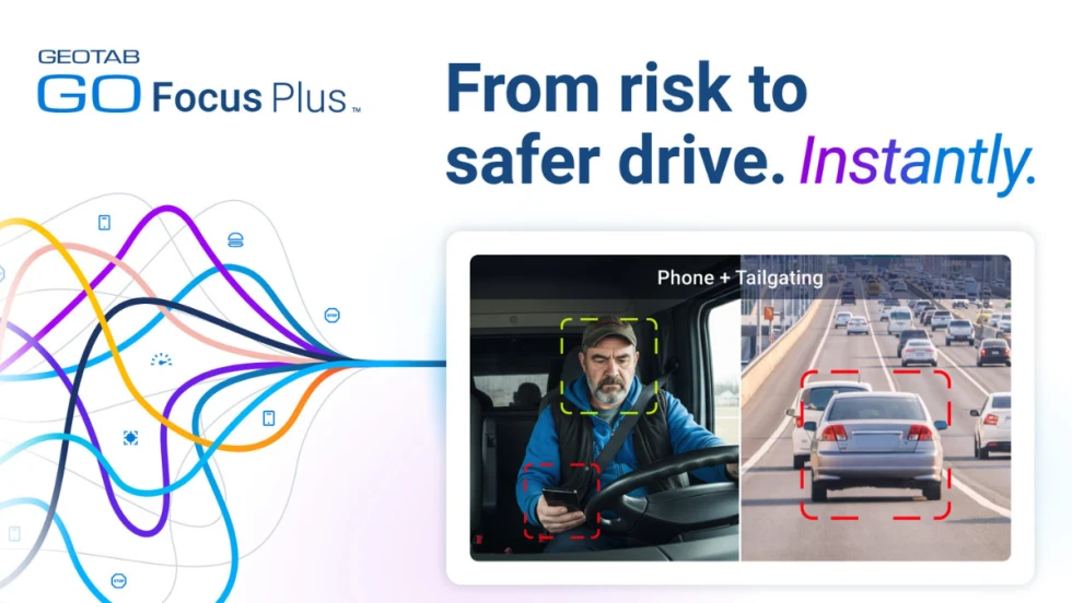 Illustration showing Geotab GO Focus Plus detecting a truck driver using a phone and tailgating on a highway, with alerts highlighted on the screen.