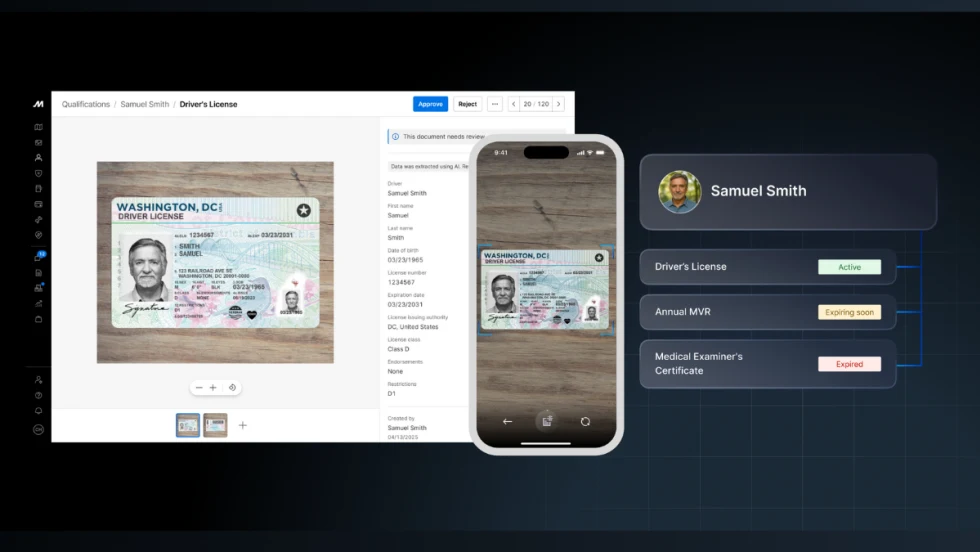 Screenshot showing Motive’s AI Document Capture tool scanning a driver’s license, extracting details such as expiration date, and displaying compliance status updates.