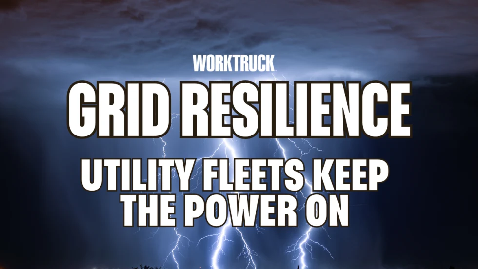Lightning storm over a city with text reading “Grid Resilience Utility Fleets Keep the Power On,” highlighting the role of utility fleets in disaster response and power restoration.