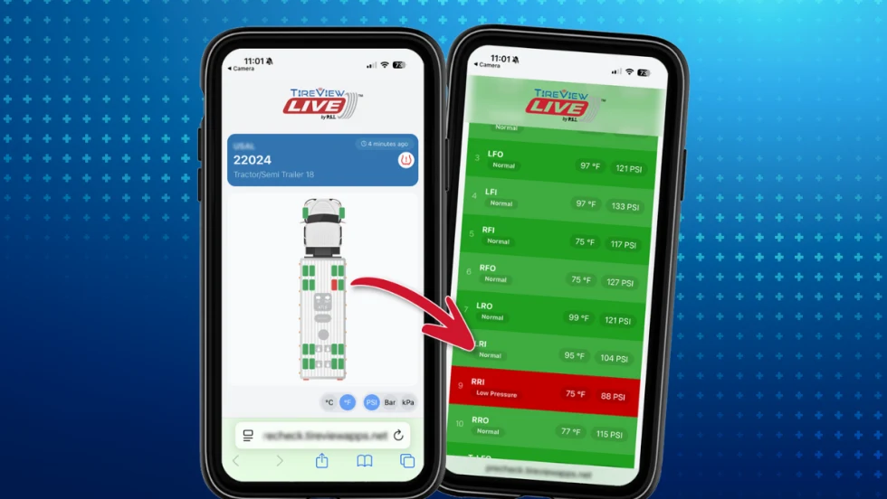 Two phones show TireView LIVE Pre-Check tire status screens, with green normal readings and one red alert for low pressure on the right rear inside tire.