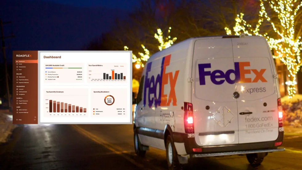 FedEx delivery van at night with RoadFlex fleet dashboard overlay showing spend history, employee costs, and breakdown of fuel and maintenance.