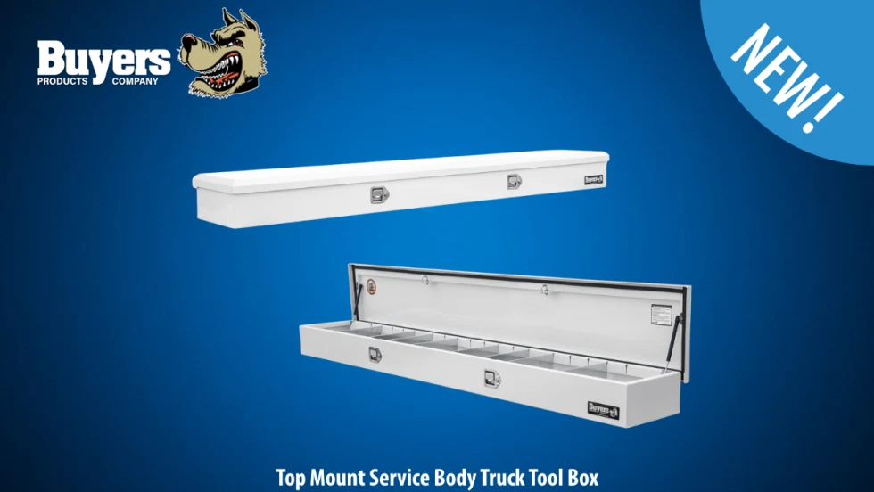 Buyers Products Top Mount Service Body Truck Tool Box shown closed (top) and open (bottom) with adjustable dividers, white powder-coated finish, and stainless-steel latches.