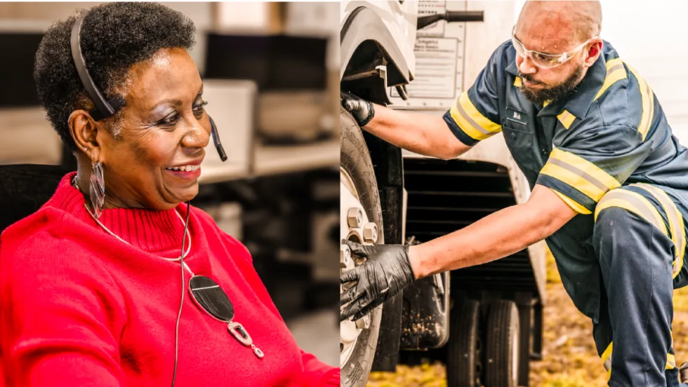 Split image showing a fleet call center agent on a headset and a roadside technician repairing a truck tire, representing Cox Automotive’s combined fleet services and support.
