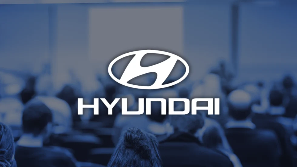 Hyundai logo displayed at CEO Investor Day event, where the company outlined its electrification, software, and manufacturing strategy to investors in New York.