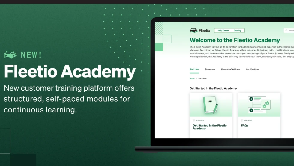 Green background with inset image of laptop screen and headline and white text for Fleetio Academy.