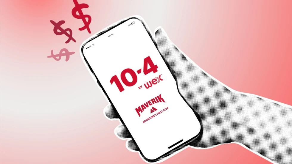 Illustrated hand holding a smartphone displaying WEX and Maverik logos, with dollar signs floating above against a red gradient background.