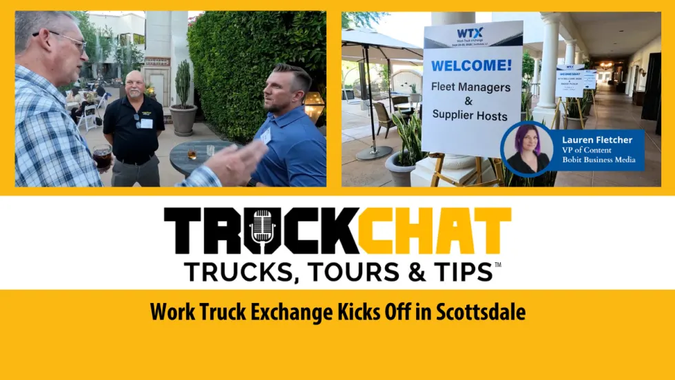 Video thumbnail for Truck Chat Trucks, Tours & Tips. Headline: Work Truck Exchange Kicks Off in Scottsdale, and two inset photos of networking.