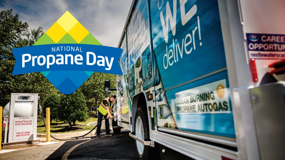 National propane day logo on top of propane powered work truck image