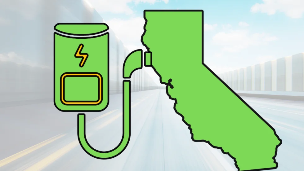 Illustration of an EV charging plug next to the outline of California, symbolizing the state’s expanding charging infrastructure.