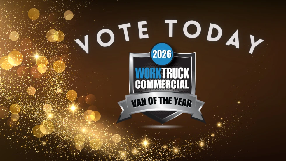 Vote today, 2026 Work Truck Commercial Van of the Year logo on golden background.
