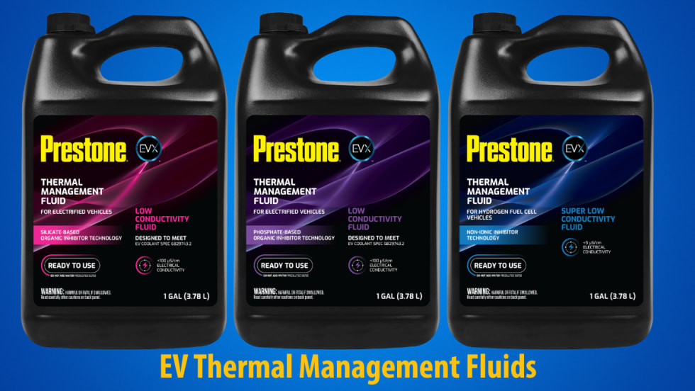 Three one-gallon jugs of vehicle fluids set against blue background and yellow headline for EV Thermal Management Fluids.
