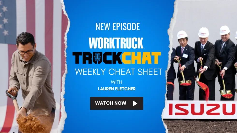 Lauren Fletcher’s Truck Chat Weekly Cheat Sheet graphic featuring a man shoveling dirt at a groundbreaking ceremony and Isuzu executives with shovels at an official event.