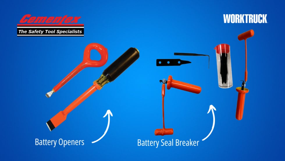Cementex Battery Openers and Battery Seal Breakers on blue background