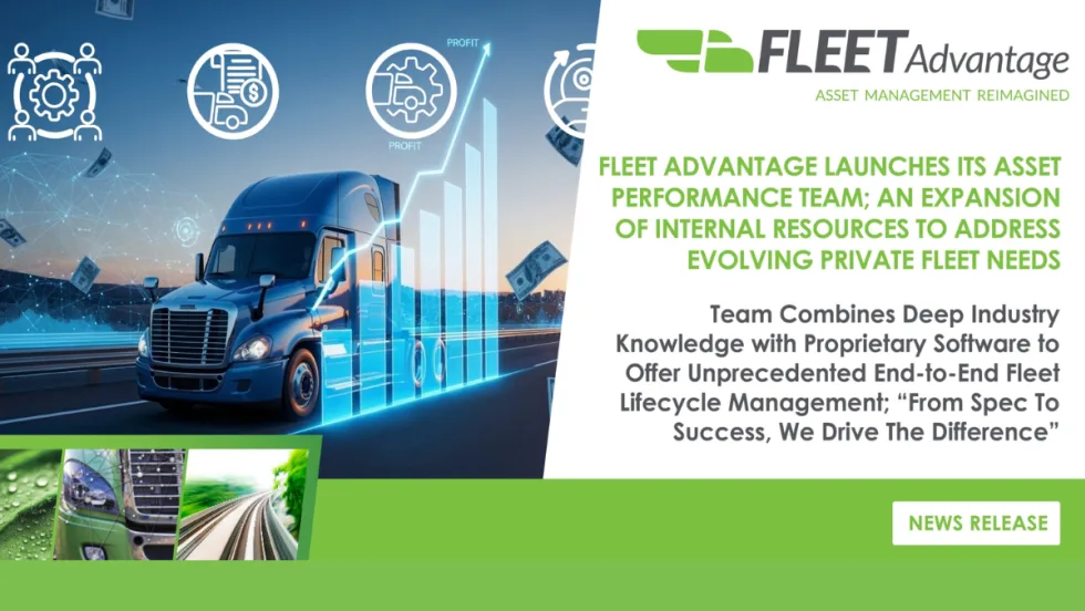 A digital image of a semi-truck with data graphics symbolizing Fleet Advantage’s expanded Asset Performance Team.