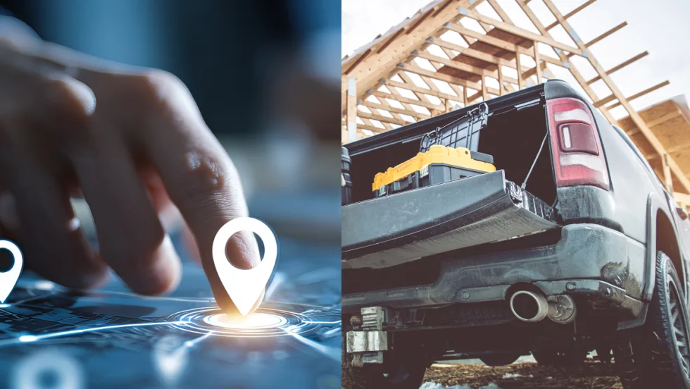 Hand using digital GPS map alongside a work truck loaded with tools at a construction site, symbolizing connected fleet management and real-time field service integration.