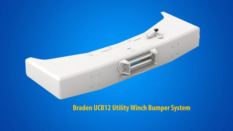Photo of a white winch bumper against a blue background and yellow test for Braden UCB12 Utility Winch Bumper System.