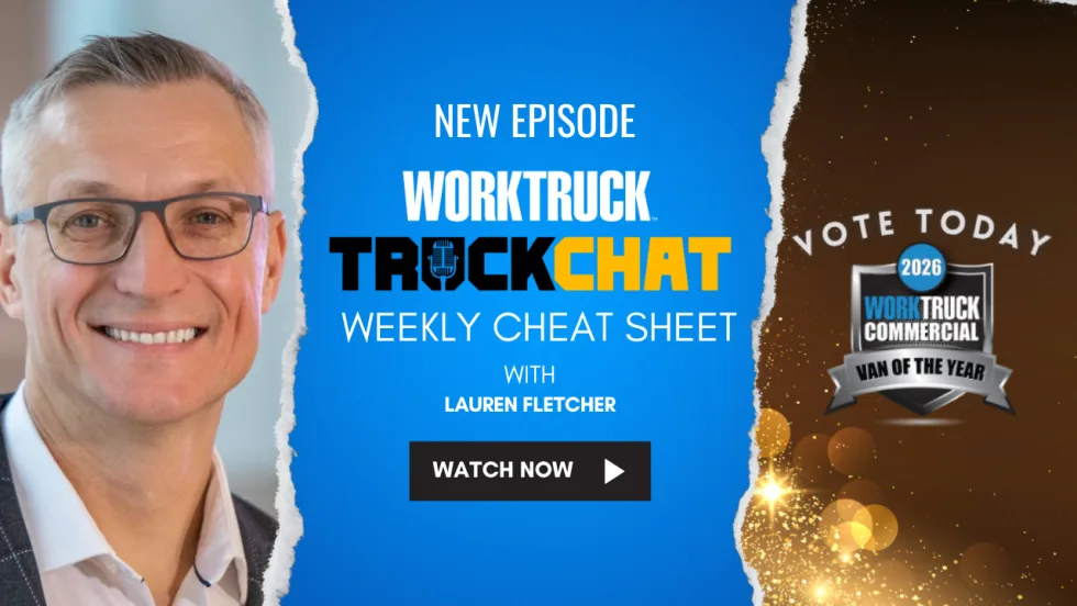 Promotional graphic for Work Truck’s Truck Chat Weekly Cheat Sheet with Lauren Fletcher, featuring David Prusinski and highlighting the 2026 Work Truck Commercial Van of the Year voting.