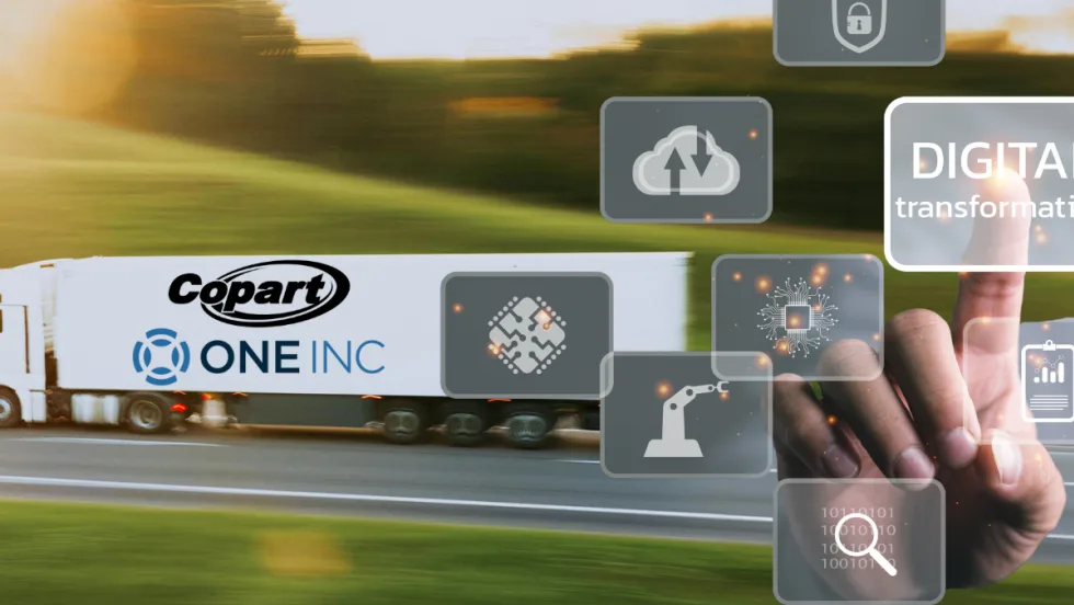 Truck with One Inc and Copart logos showing digital payment and automation icons representing faster lienholder payments.