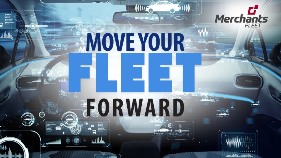 Interior of a modern vehicle with digital dashboard graphics overlay and the words “Move Your Fleet Forward” beside the Merchants Fleet logo.