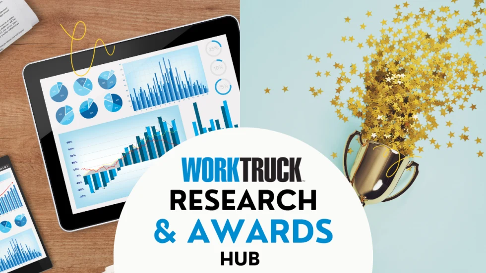Tablet displaying charts beside a trophy spilling gold stars with text that reads “Work Truck Research and Awards Hub.”