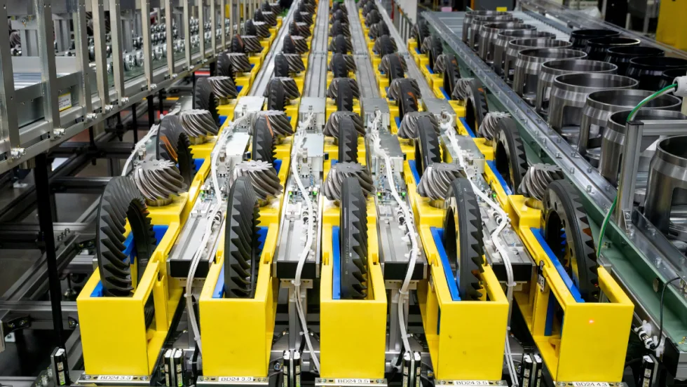 Differential gears organized on conveyor system at Toyota Alabama factory in Huntsville.