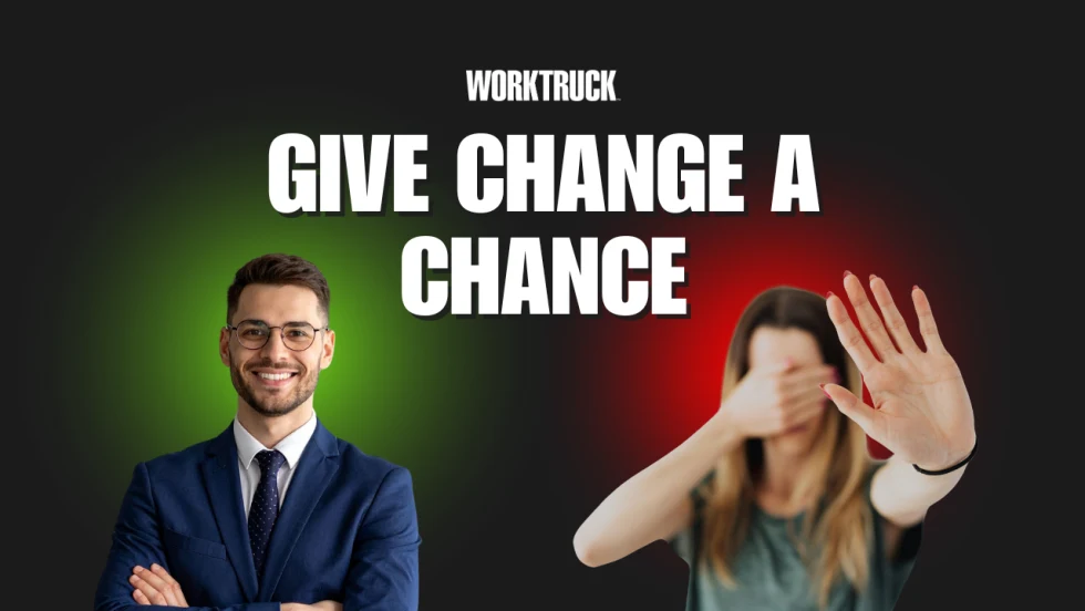 Two people stand against a split blue and green background under the headline “Give Change a Chance.”
