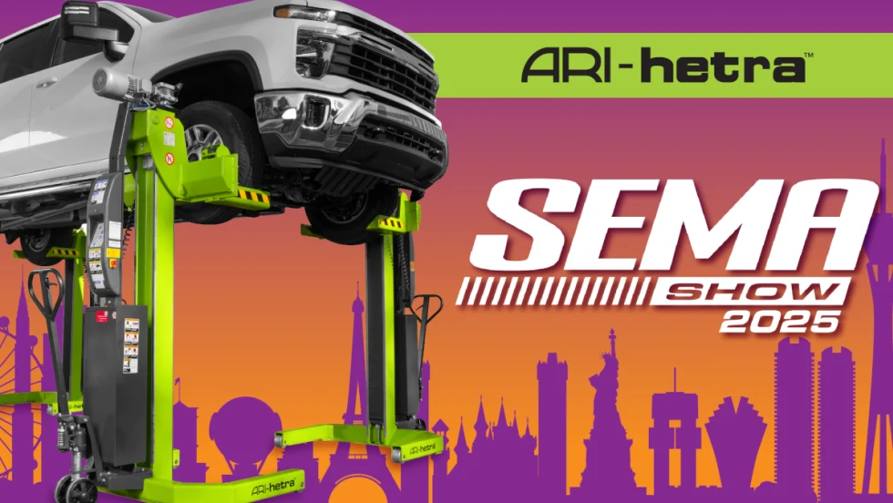 bright purple and orange and yellow graphc about SEMA Show with an image of a truck on a lift.