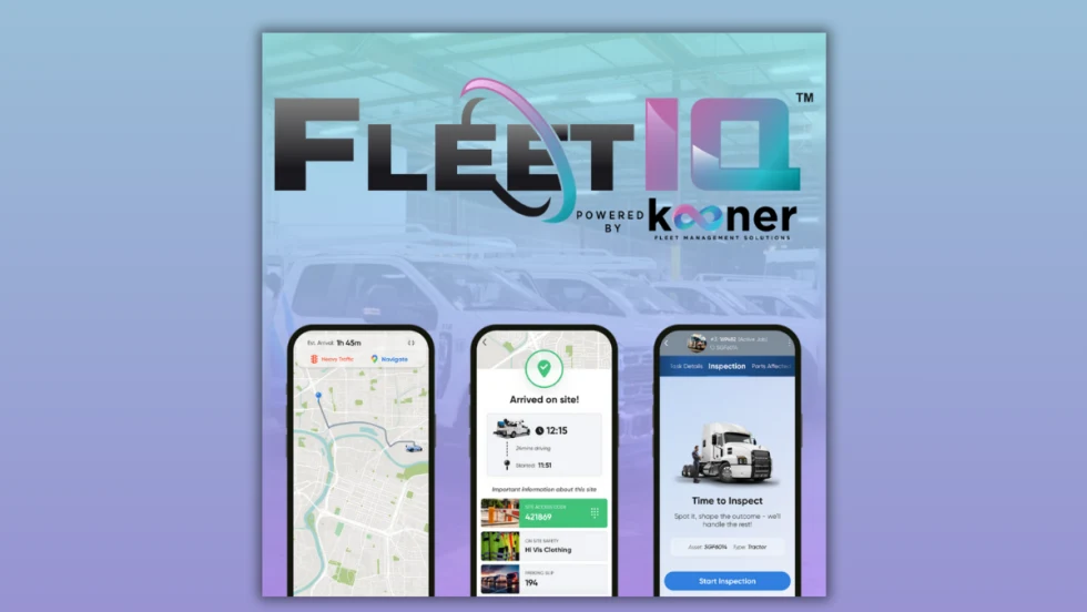 FleetIQ by Kooner Fleet Management Solutions shown on mobile screens with route tracking, site arrival, and vehicle inspection features.