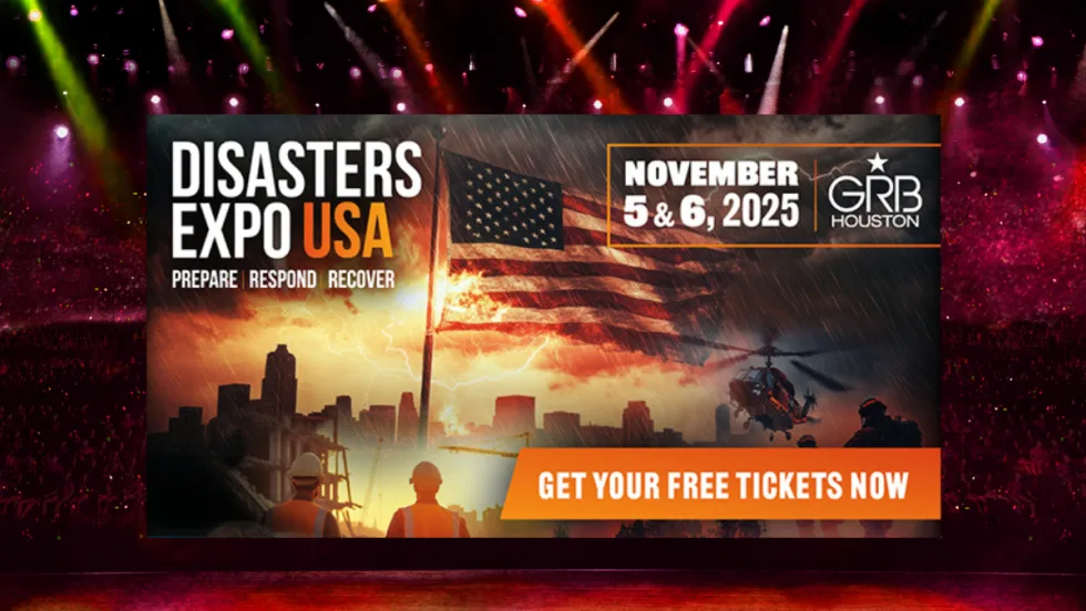 Disasters Expo USA banner promoting November 5–6, 2025, event in Houston, Texas, focused on preparation, response, and recovery with free ticket offer.
