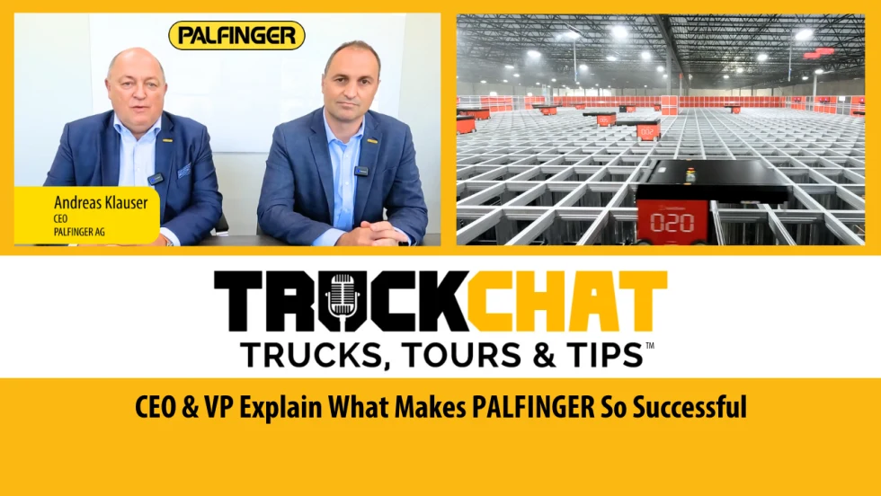 Thumbnail for Truck Chat: Trucks, Tours & Tips video series with inset photos of two business men and a robotic order picking system.