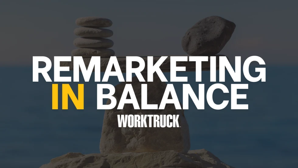 Stacked stones balancing over water with text “Remarketing in Balance,” representing the stable yet cautious 2025 used truck market and fleet remarketing trends.