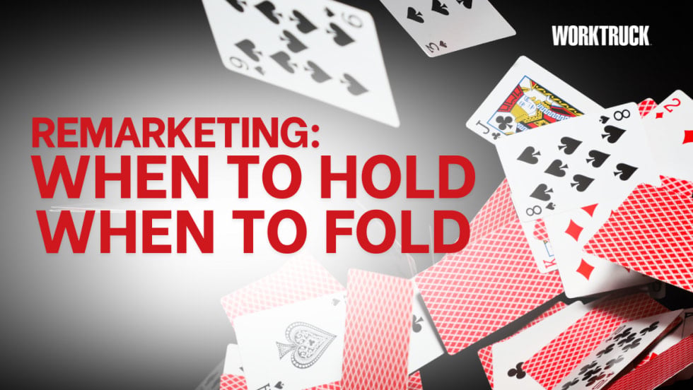Playing cards scatter across a dark background with bold red text reading “Remarketing: When to Hold, When to Fold,” representing fleet managers’ strategic decisions on vehicle resale timing.