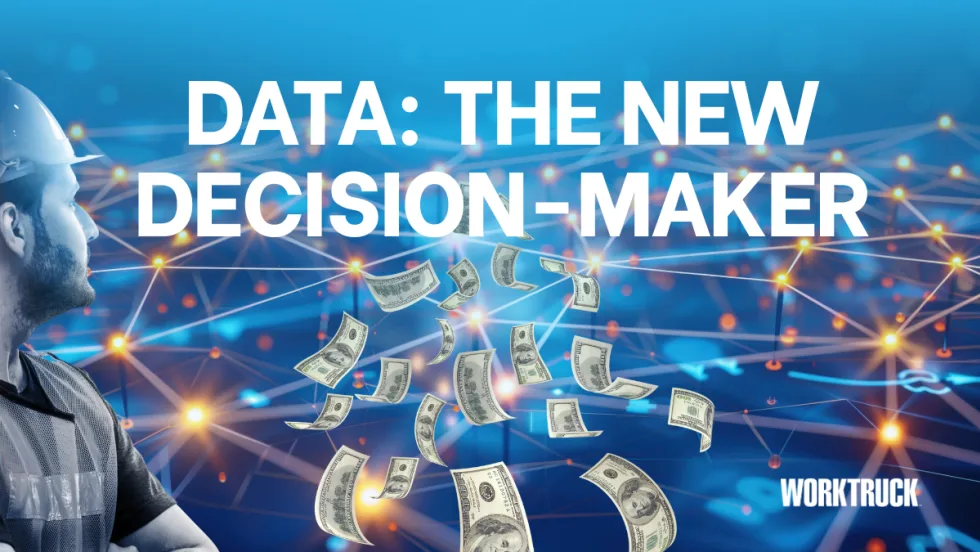A fleet professional looks toward a glowing digital network as dollar bills float upward, symbolizing how data, technology, and analytics drive smarter fleet remarketing and resale decisions.