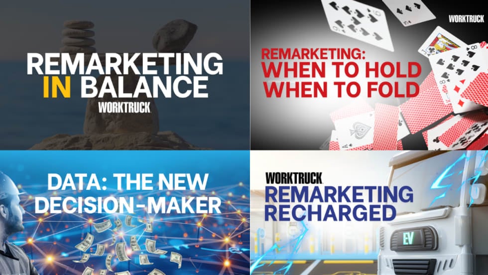 Four cover graphics from Work Truck’s 2025 Remarketing Report Series highlighting themes of balance, timing, data, and electrification in today’s evolving fleet resale market.