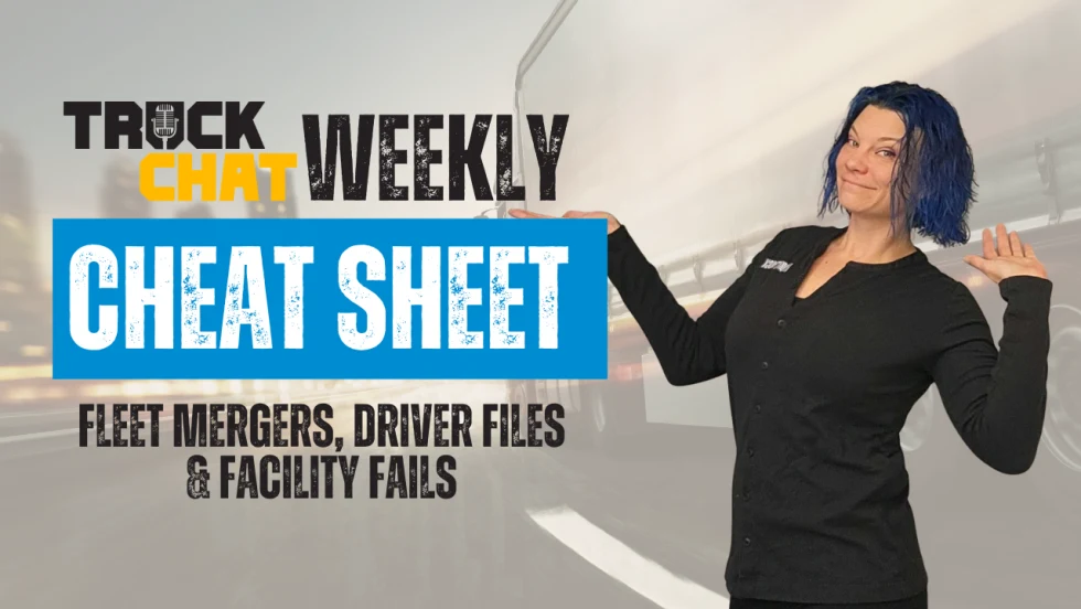 Lauren Fletcher smiling with hands raised beside the Truck Chat Weekly Cheat Sheet title graphic that reads “Fleet Mergers, Driver Files & Facility Fails,” with a blurred truck in motion background.