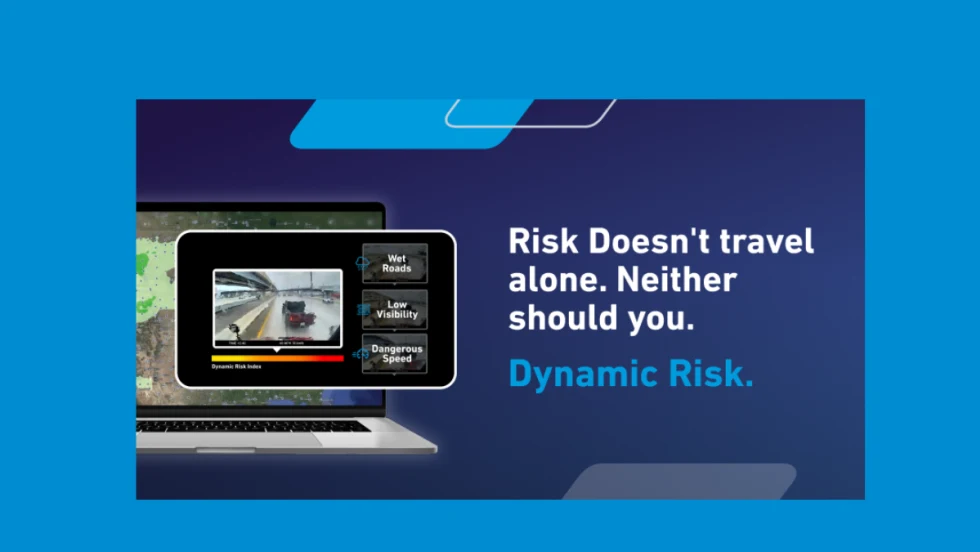 Blue background with an inset darker blue box with a computer image and statement Risk Doesn't travel alone neither should you.and Dynamic Risk logo.