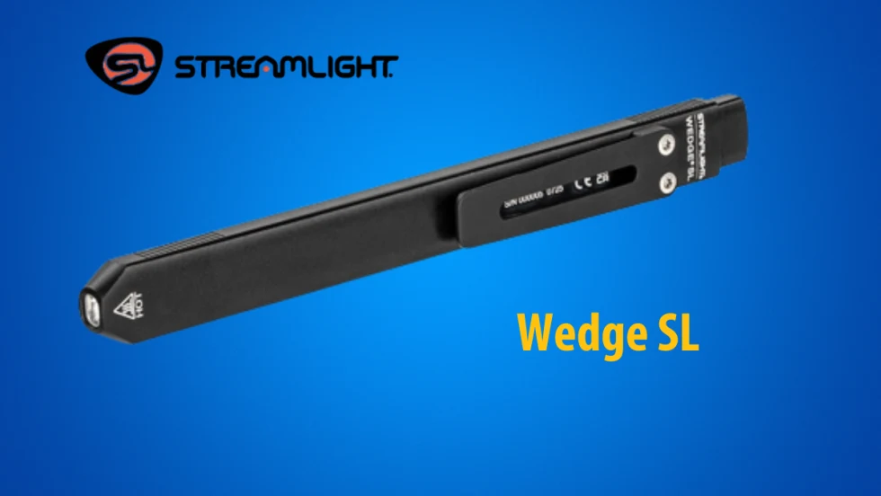 Thin black pen light against a blue background with logo for Streamlight and yellow text that reads Wedge SL.