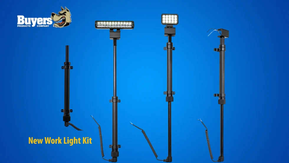 Set of work truck lights on extendable booms set against a blue background and a logo for Buyers Products.