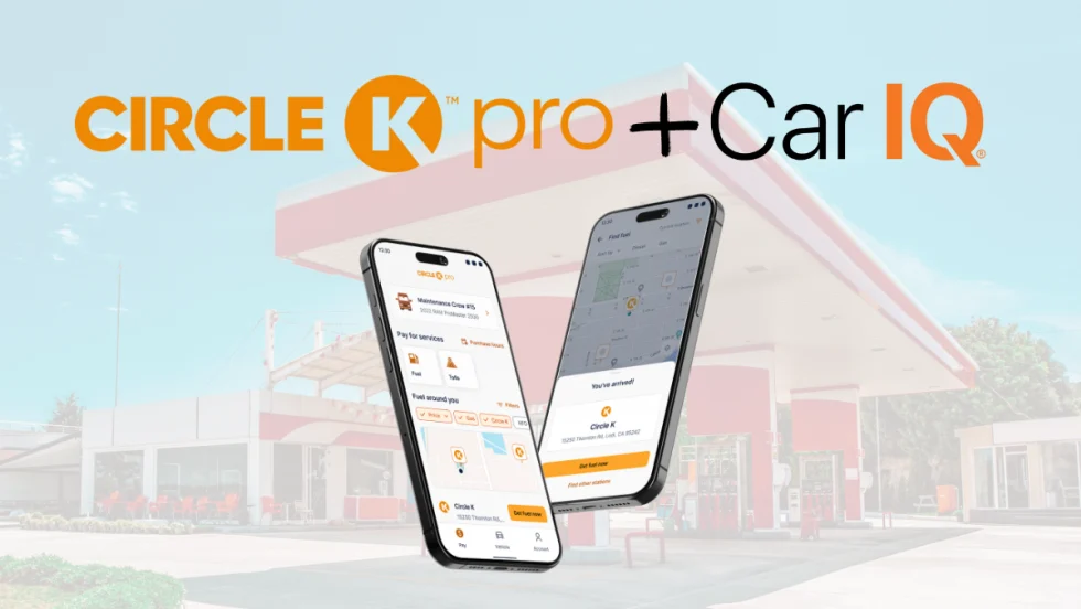 Two smartphones display the Circle K Pro Digital+ app for vehicle-based payments, shown in front of a Circle K fuel station.