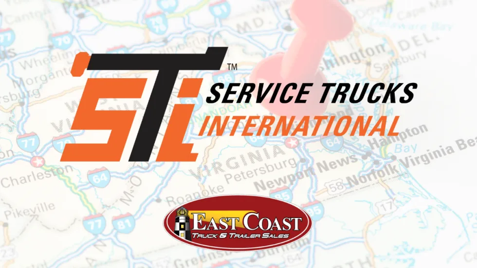 Logos of Service Trucks International and East Coast Truck & Trailer Sales over a Virginia map, highlighting a new dealer partnership serving Portsmouth and Manassas.