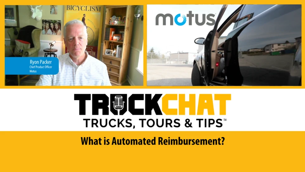 Thumbnail for video series Truck Chat Trucks, Tours & tips with inset photos for man talking and car door closing. Headline for What is Automated Reimbursement?