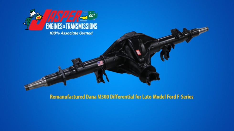 Blue background with image of a truck differential and a logo for Jasper Engines & Transmissions.