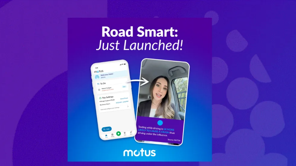Blue graphic background with inset images of cell phone screens showing a woman and and app, with headline Road Smart: Just Launched.