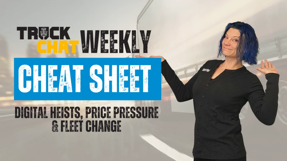 Lauren Fletcher hosts Truck Chat Weekly Cheat Sheet episode on digital heists, price pressure, and fleet change, standing in front of a blurred truck background.