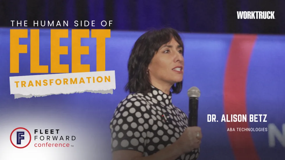 Dr. Alison Betz speaks on stage at the Fleet Forward Conference about the human side of fleet transformation and how to help teams embrace change and safety initiatives.