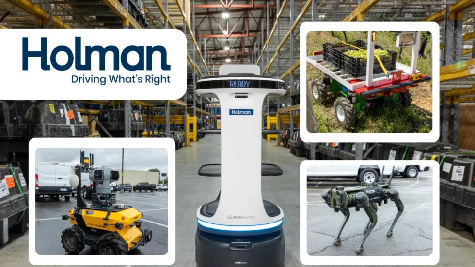 Background image of a robot in a warehouse with three inset images of other robots and a logo for Holman.