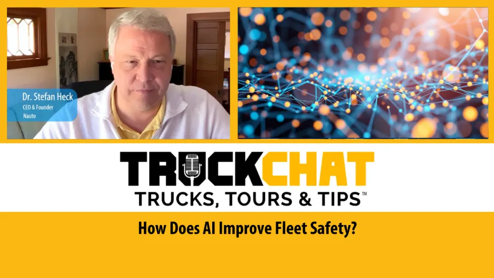 Thumbnail for video series Truck Chat: Trucks, Tours & Tips. Inset upper left photo of man, upper right of illustration of data network. Headline - How Does AI Improve Fleet Safety?