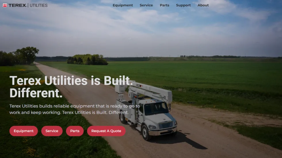Screenshot of Terex Utilities website featuring a photo of a bucket truck driving down a road.