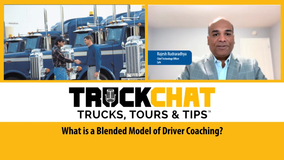 Thumbnail for Truck Chat Trucks, Tours & Tips video series with two inset photos and headline What is a Blended Model of Driver Coaching?