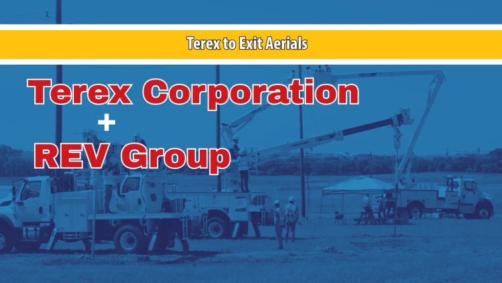 Blue tinted background photo of bucket trucks, headlines for Terex Corporation + REV Group, and yellow strip across top with white text Terex to Exit Aerials.